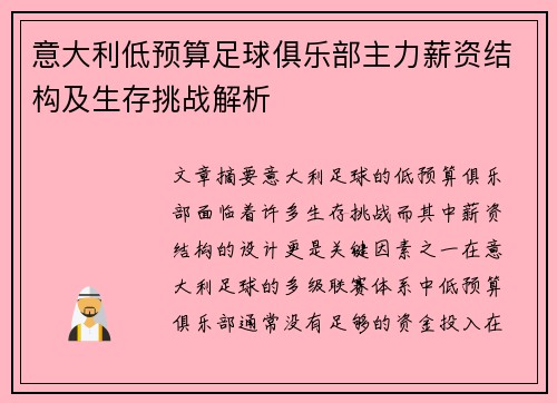 意大利低预算足球俱乐部主力薪资结构及生存挑战解析